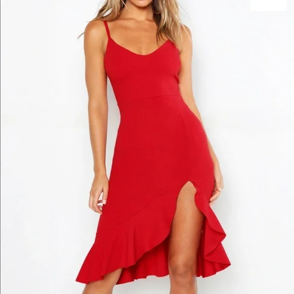 STRAPPY FRILL HEM MIDI DRESS, SZ 12, color: Red - Picture 2 of 4